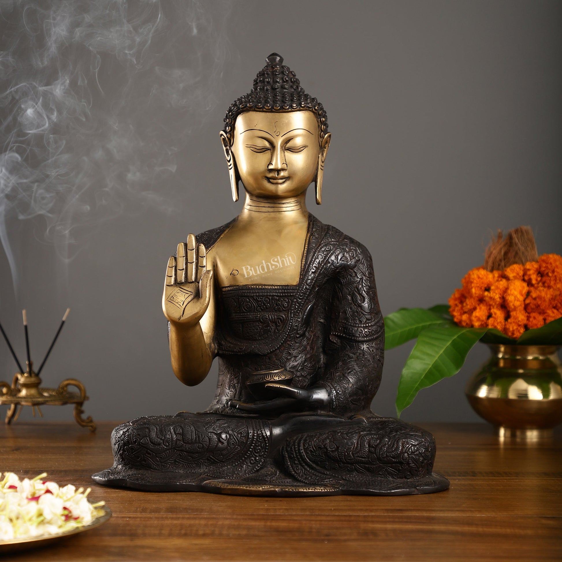 Engraved Brass Buddha Statue | Blessing Mudra | 15.5 inch