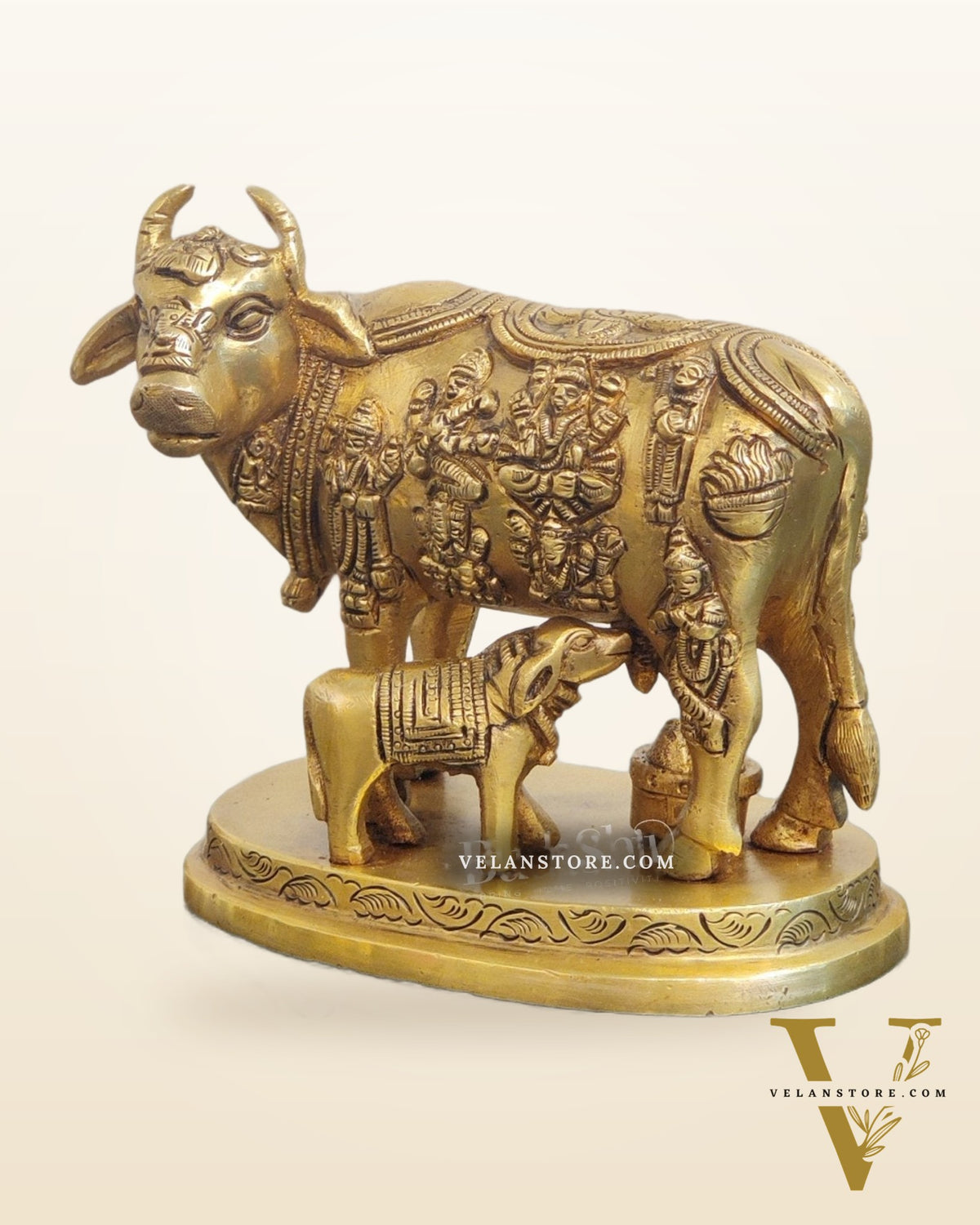 Engraved Brass Kamdhenu Statue with Deities | 5" x 6.5" x 3.75" | Handcrafted
