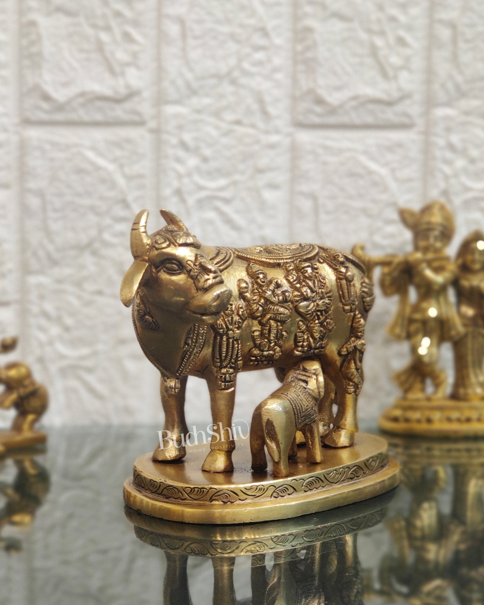Engraved Brass Kamdhenu Statue with Deities | 5" x 6.5" x 3.75" | Handcrafted