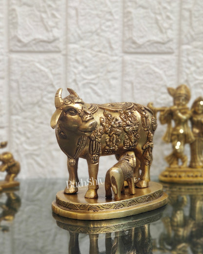 Engraved Brass Kamdhenu Statue with Deities | 5" x 6.5" x 3.75" | Handcrafted