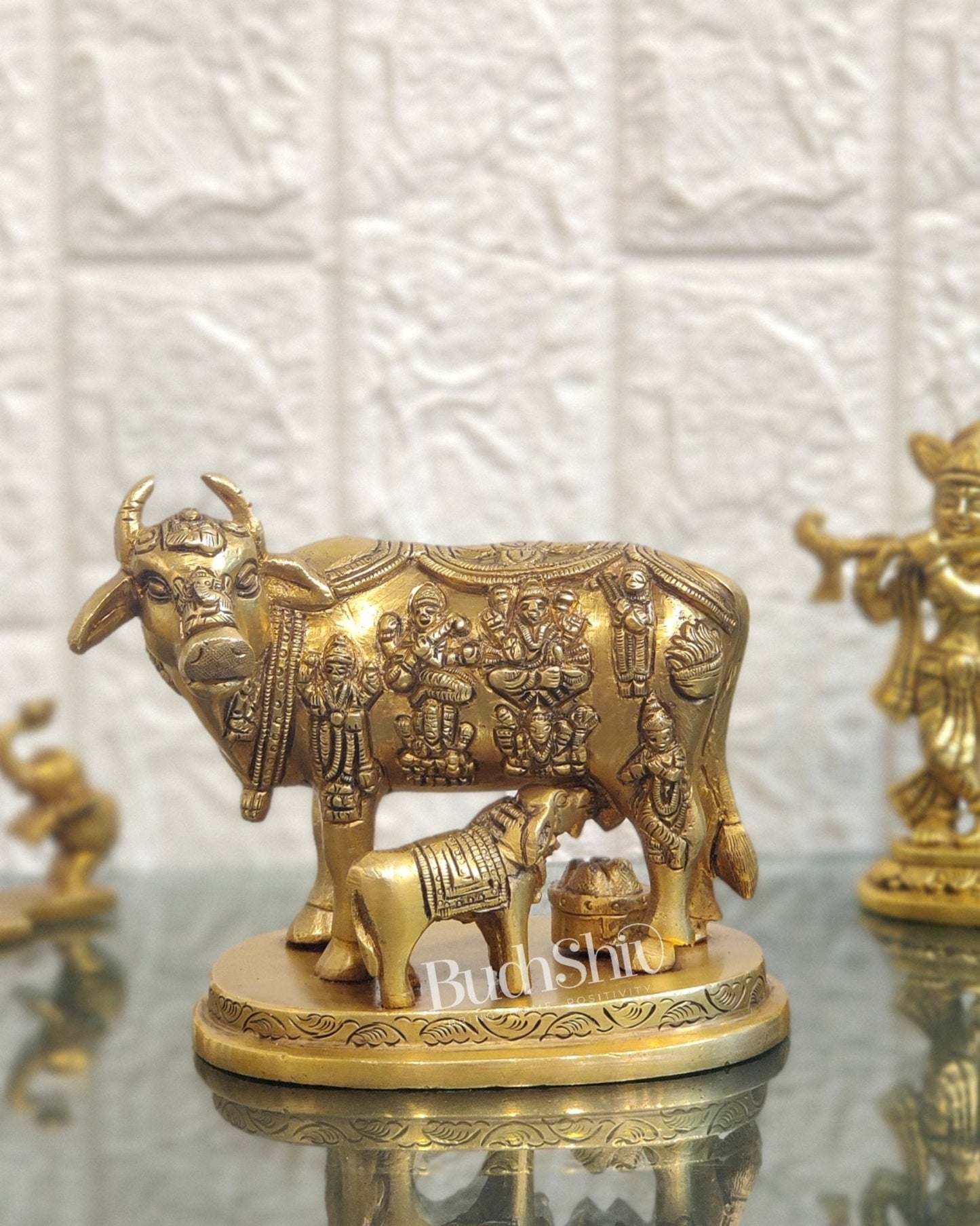 Engraved Brass Kamdhenu Statue with Deities | 5" x 6.5" x 3.75" | Handcrafted