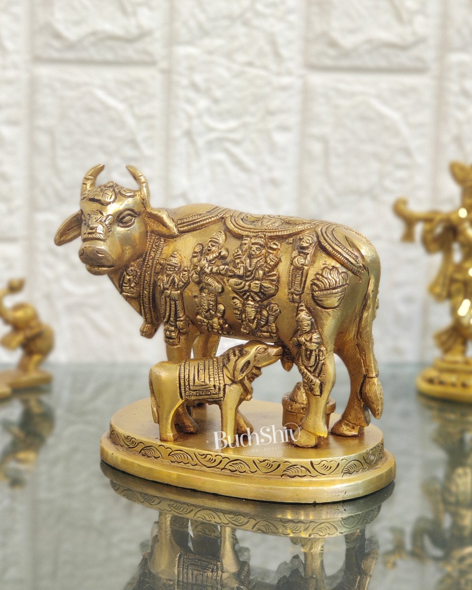 Engraved Brass Kamdhenu Statue with Deities | 5" x 6.5" x 3.75" | Handcrafted