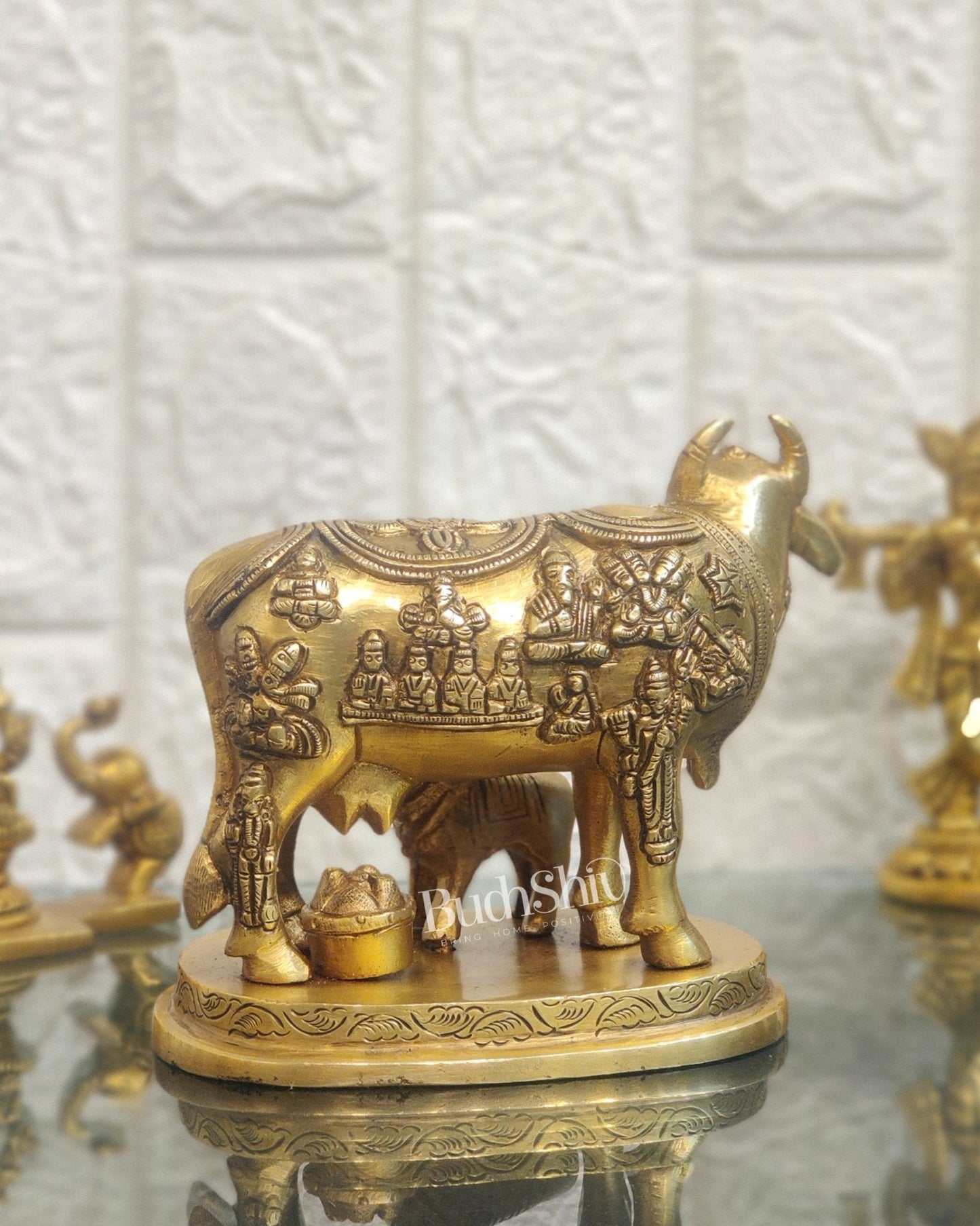 Engraved Brass Kamdhenu Statue with Deities | 5" x 6.5" x 3.75" | Handcrafted