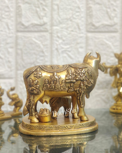 Engraved Brass Kamdhenu Statue with Deities | 5" x 6.5" x 3.75" | Handcrafted