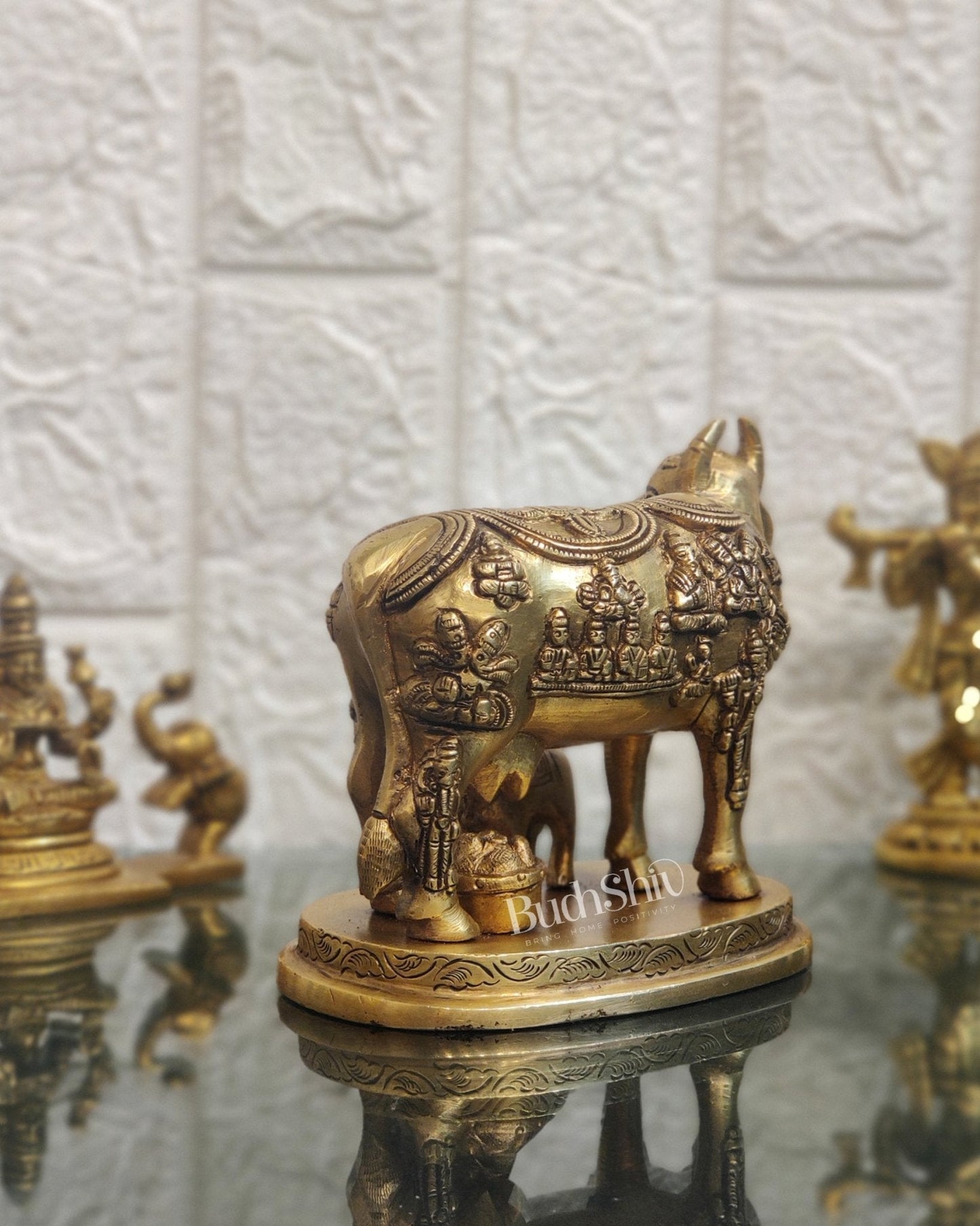 Engraved Brass Kamdhenu Statue with Deities | 5" x 6.5" x 3.75" | Handcrafted