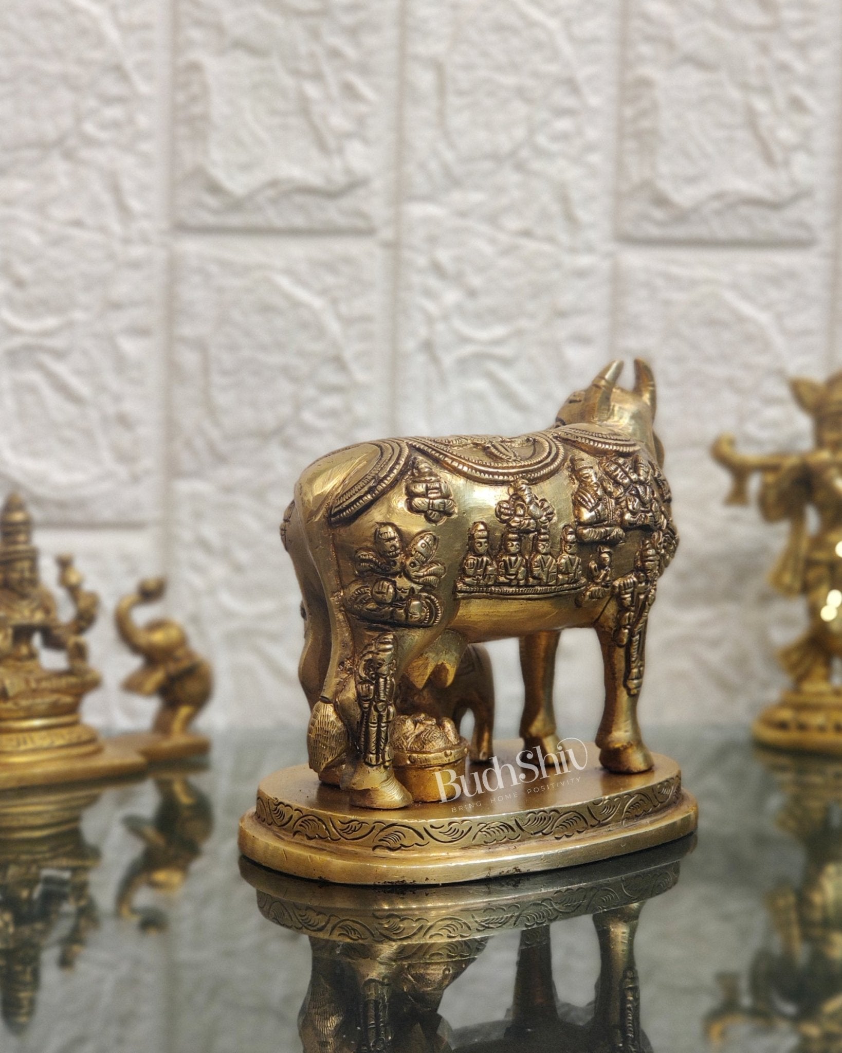 Engraved Brass Kamdhenu Statue with Deities | 5" x 6.5" x 3.75" | Handcrafted
