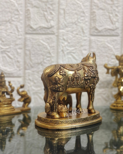 Engraved Brass Kamdhenu Statue with Deities | 5" x 6.5" x 3.75" | Handcrafted