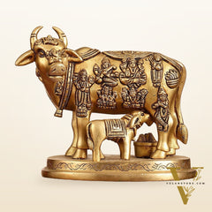 Engraved Brass Kamdhenu Statue with Deities - Antique Gold Finish, 5" Tall