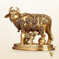 Engraved Brass Kamdhenu Statue with Deities - Antique Gold Finish, 5" Tall