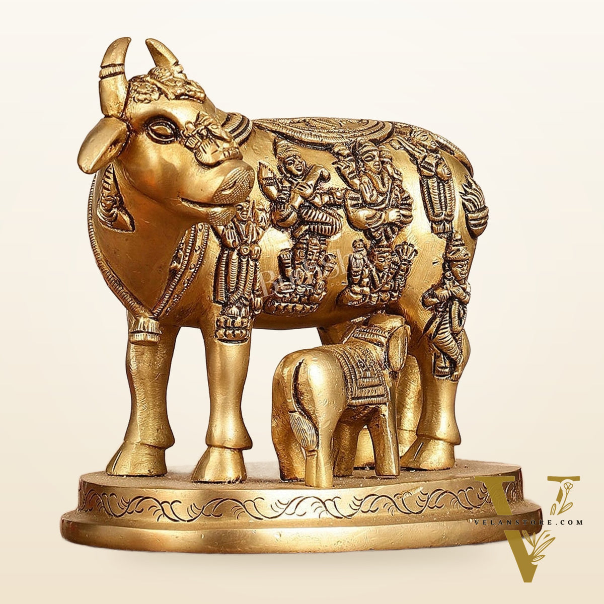 Engraved Brass Kamdhenu Statue with Deities - Antique Gold Finish, 5" Tall