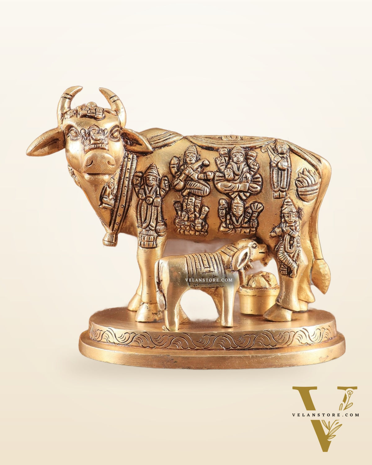 Engraved Brass Kamdhenu Statue with Deities enhanced carvings