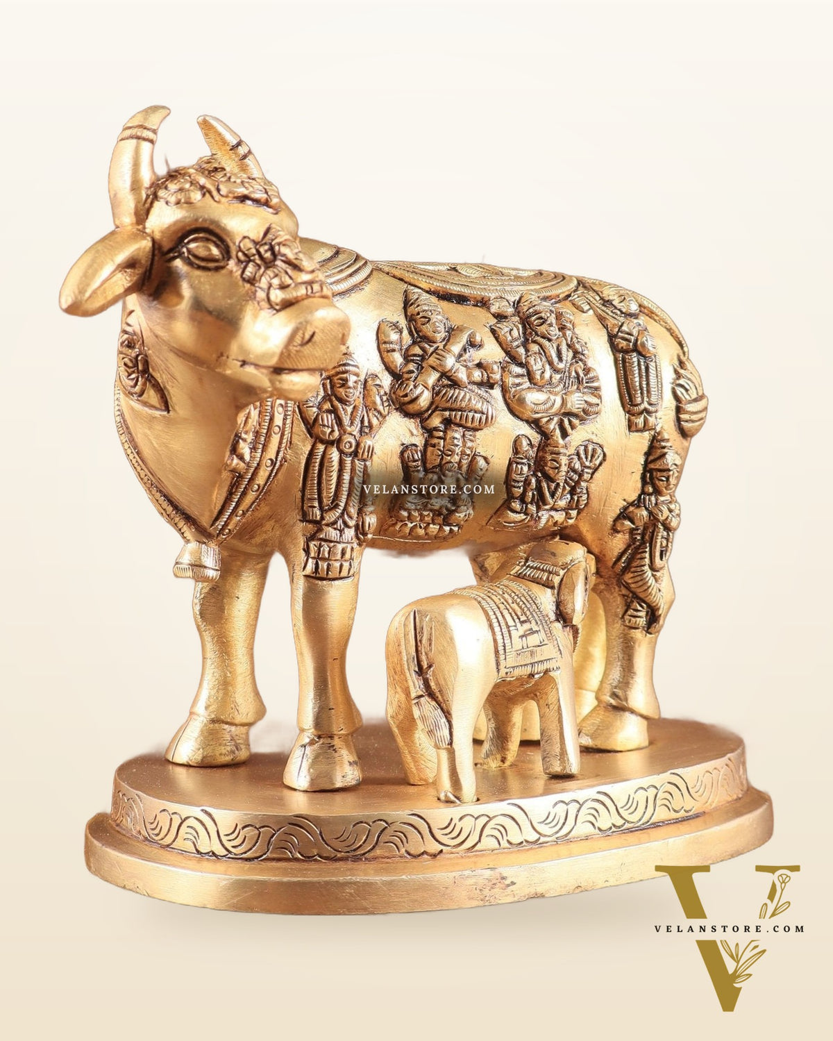 Engraved Brass Kamdhenu Statue with Deities enhanced carvings