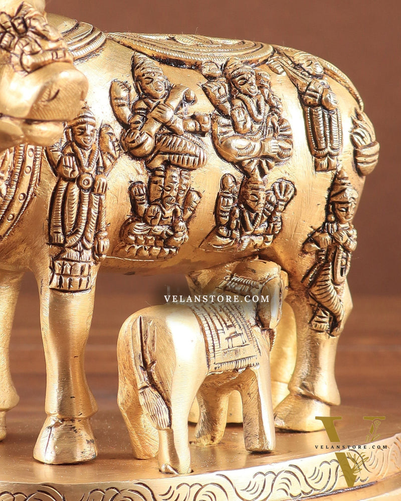 Engraved Brass Kamdhenu Statue with Deities enhanced carvings