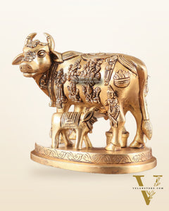 Engraved Brass Kamdhenu Statue with Deities enhanced carvings