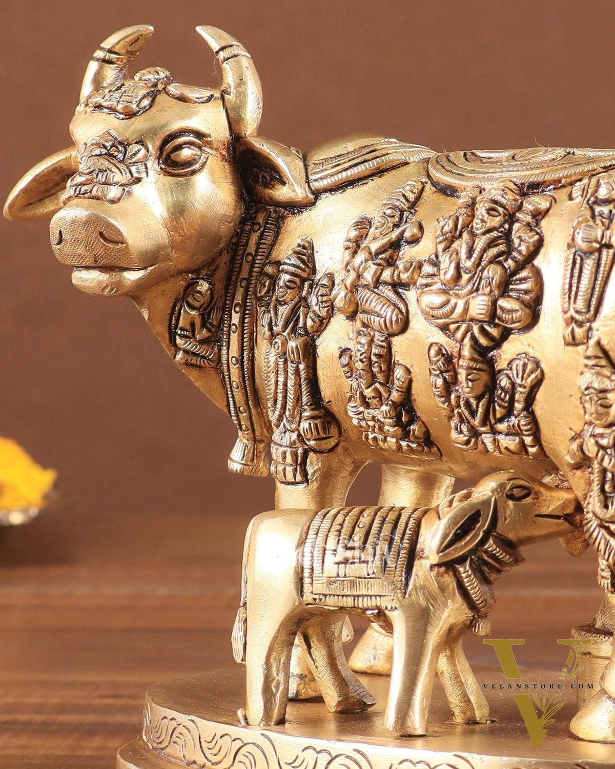 Engraved Brass Kamdhenu Statue with Deities enhanced carvings