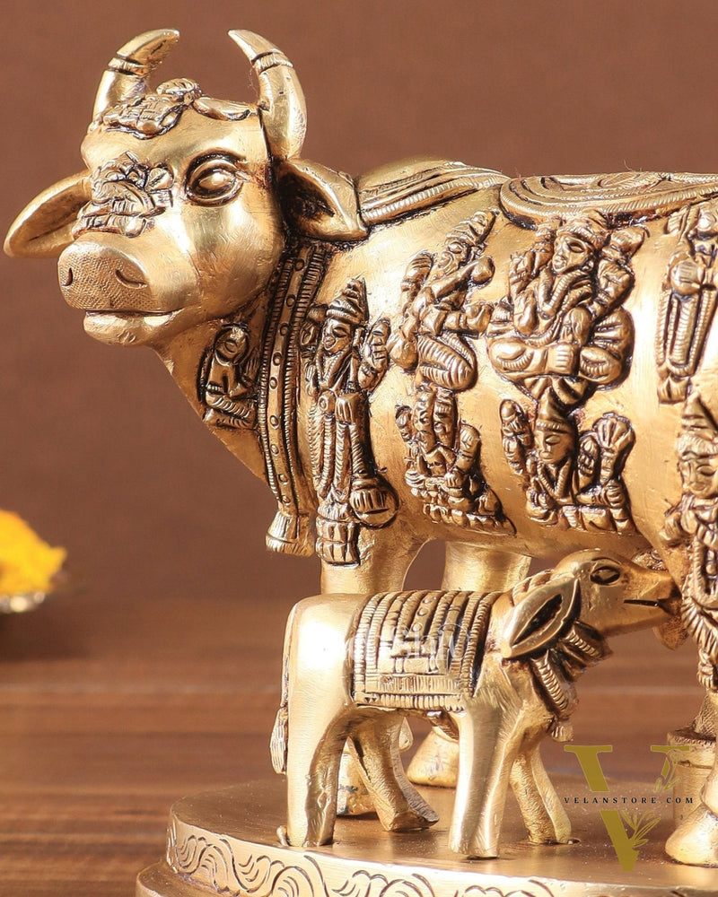 Engraved Brass Kamdhenu Statue with Deities enhanced carvings