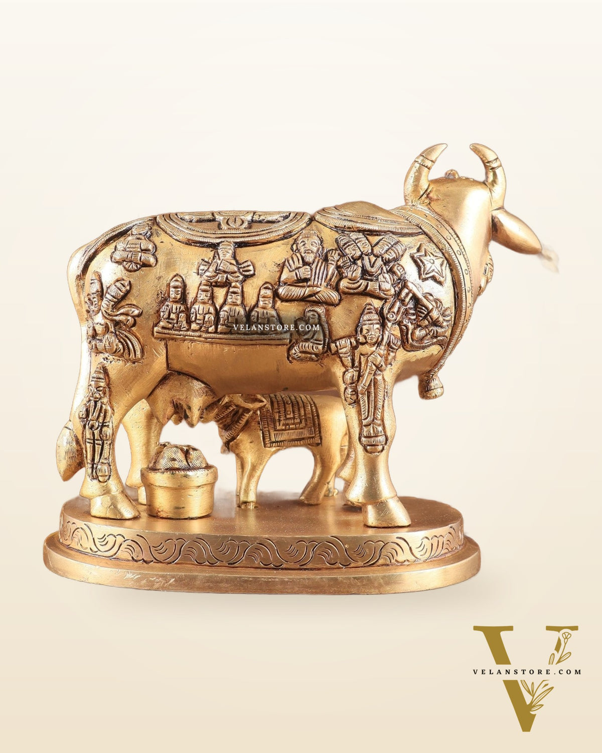 Engraved Brass Kamdhenu Statue with Deities enhanced carvings