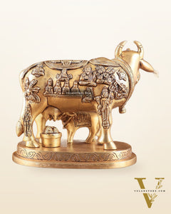 Engraved Brass Kamdhenu Statue with Deities enhanced carvings