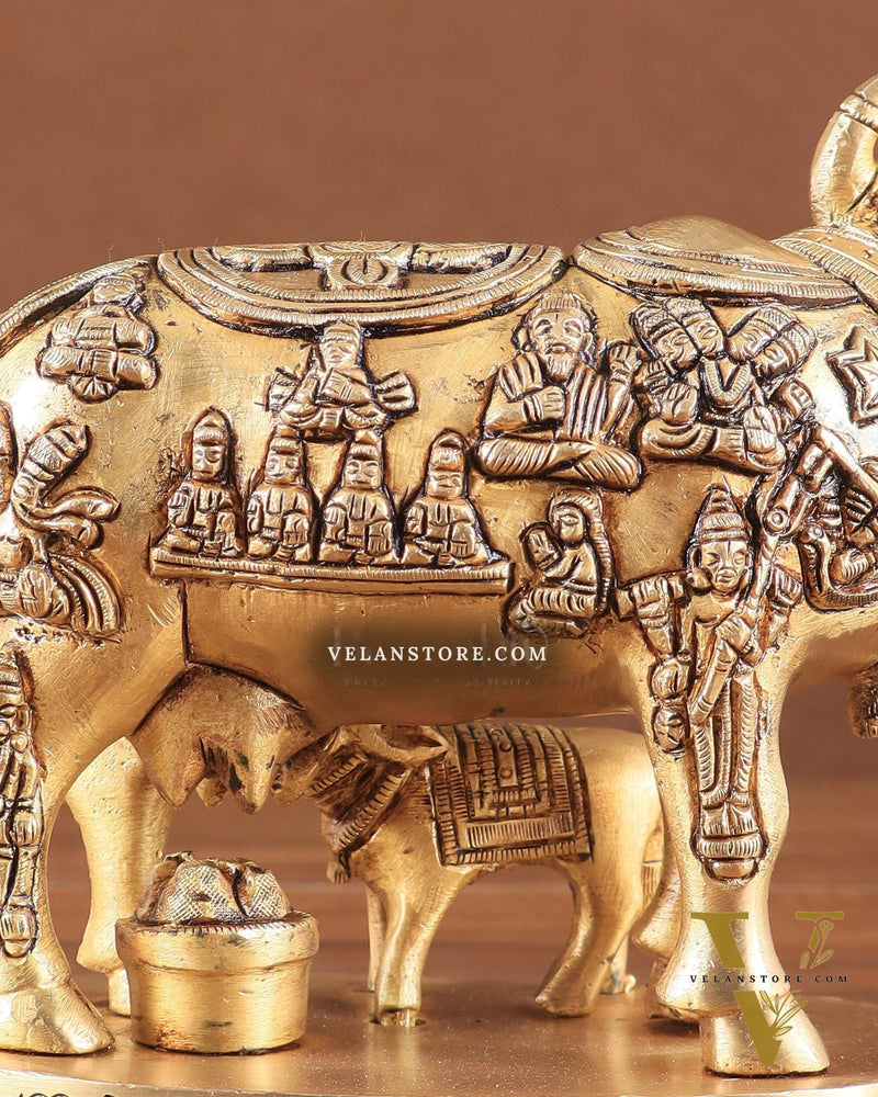 Engraved Brass Kamdhenu Statue with Deities enhanced carvings