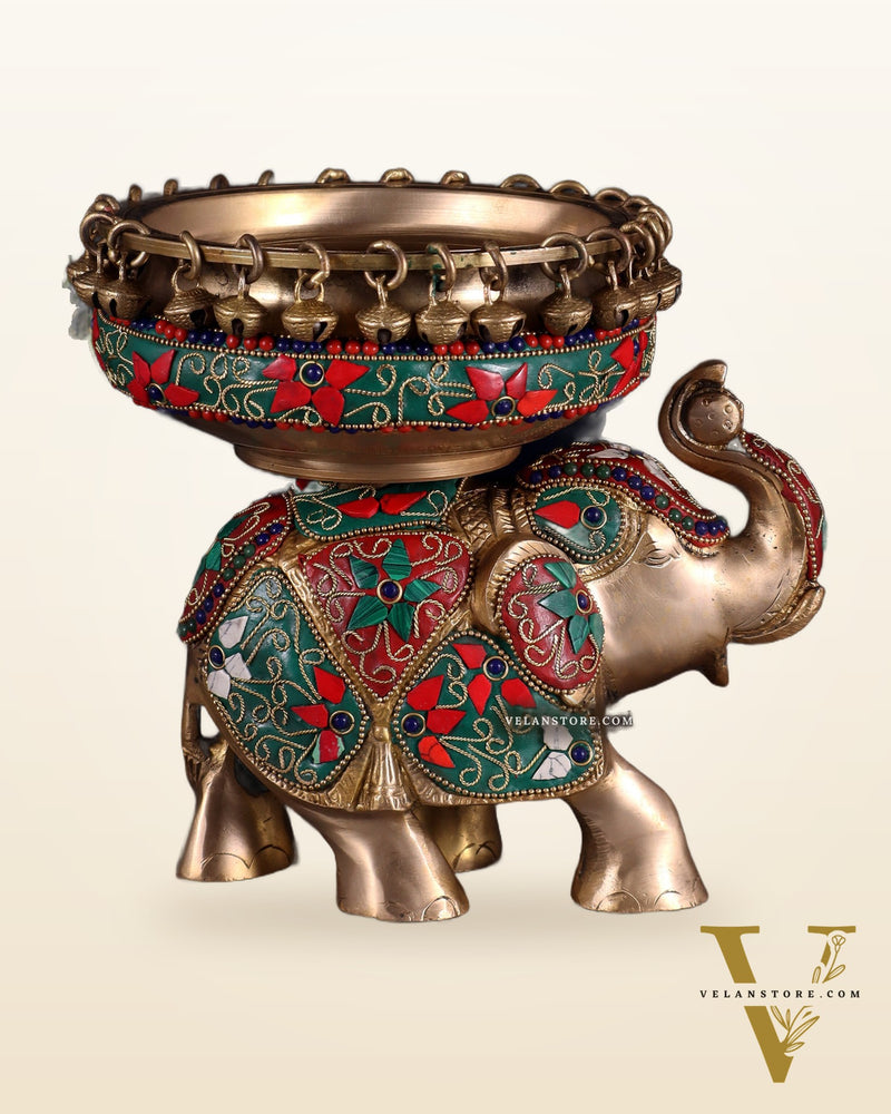 Engraved Elephant brass urli floral stonework 7"