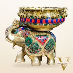 Engraved Elephant brass urli with ghungroo inlay stonework
