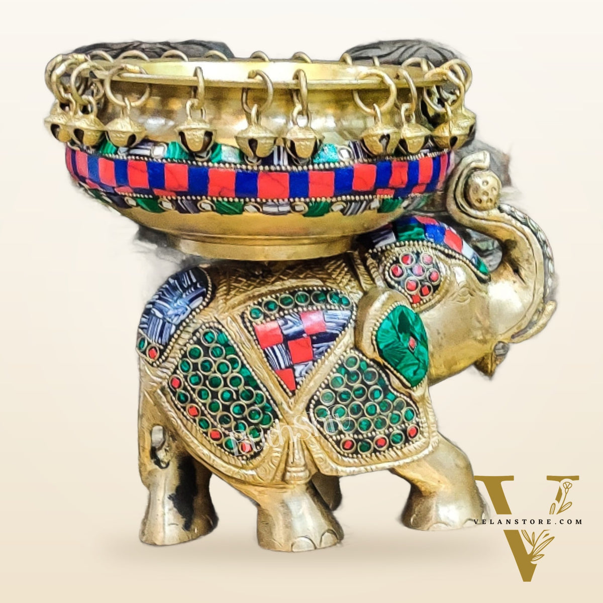 Engraved Elephant brass urli with ghungroo inlay stonework