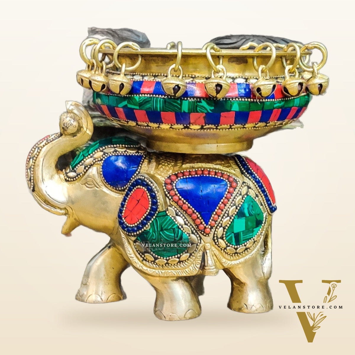 Engraved Elephant brass urli with ghungroo inlay stonework