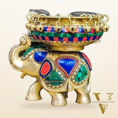 Engraved Elephant brass urli with ghungroo inlay stonework