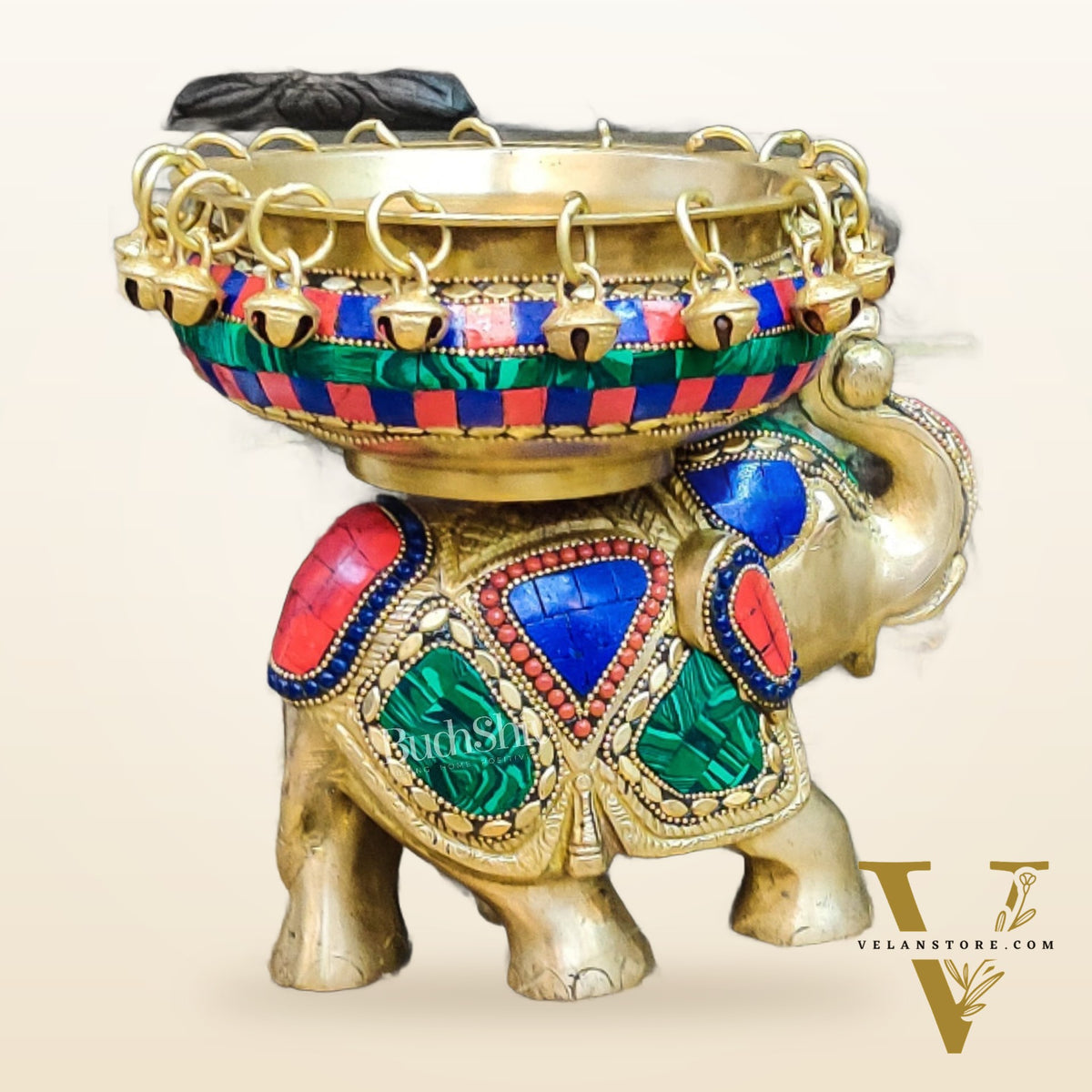 Engraved Elephant brass urli with ghungroo inlay stonework