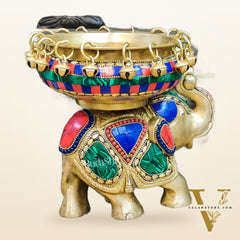 Engraved Elephant brass urli with ghungroo inlay stonework