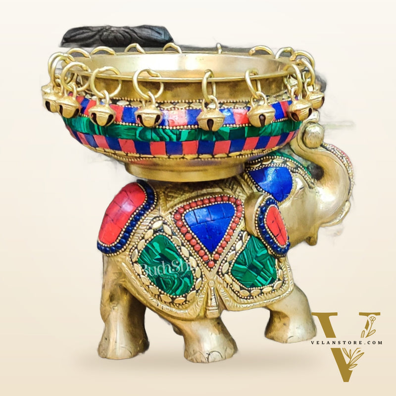 Engraved Elephant brass urli with ghungroo inlay stonework