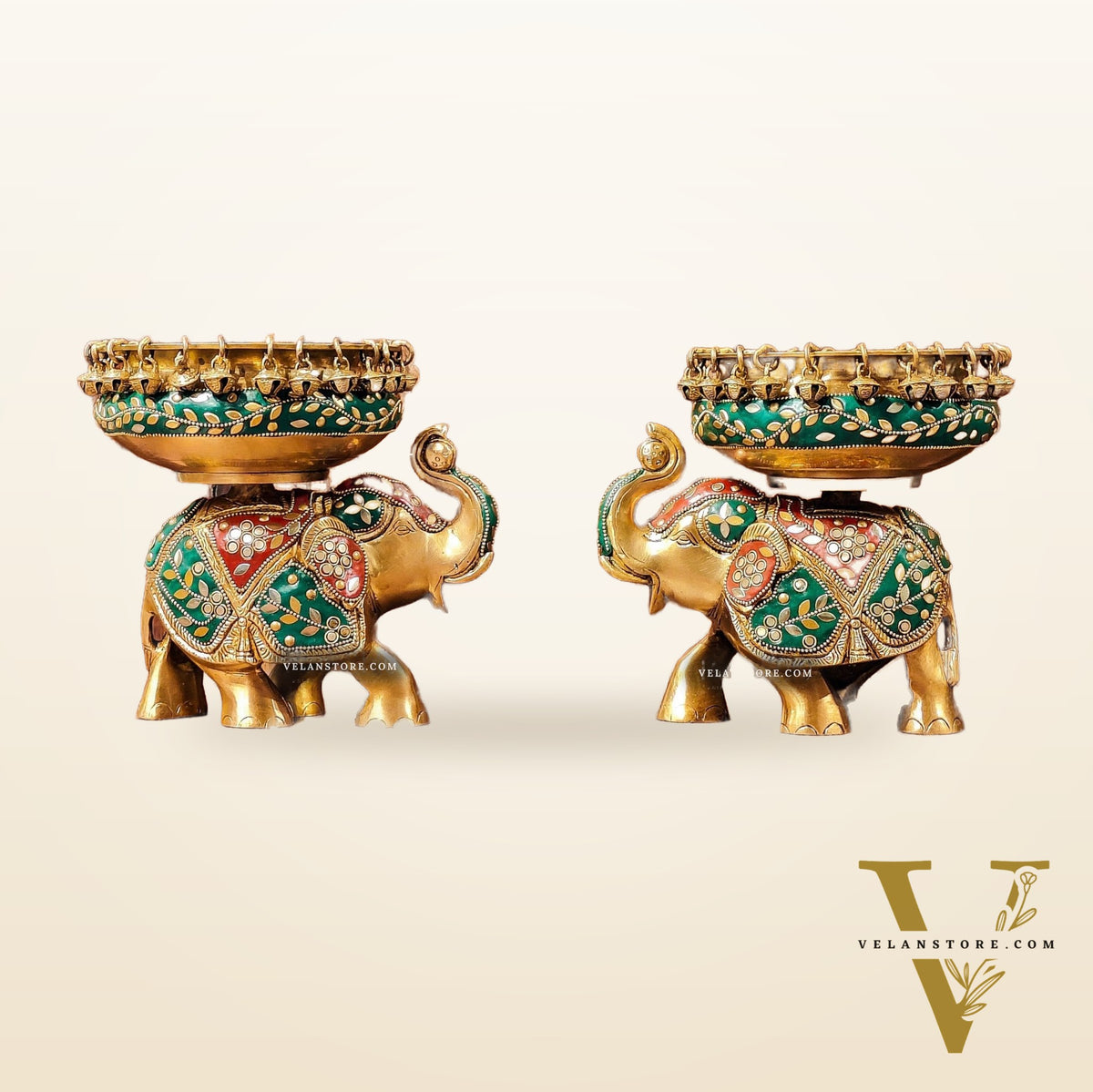 Engraved Elephant brass urli with ghungroo inlay stonework