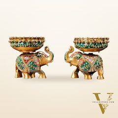 Engraved Elephant brass urli with ghungroo inlay stonework