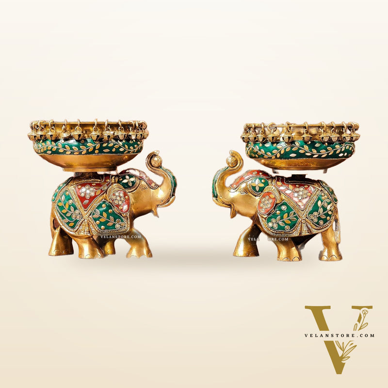 Engraved Elephant brass urli with ghungroo inlay stonework
