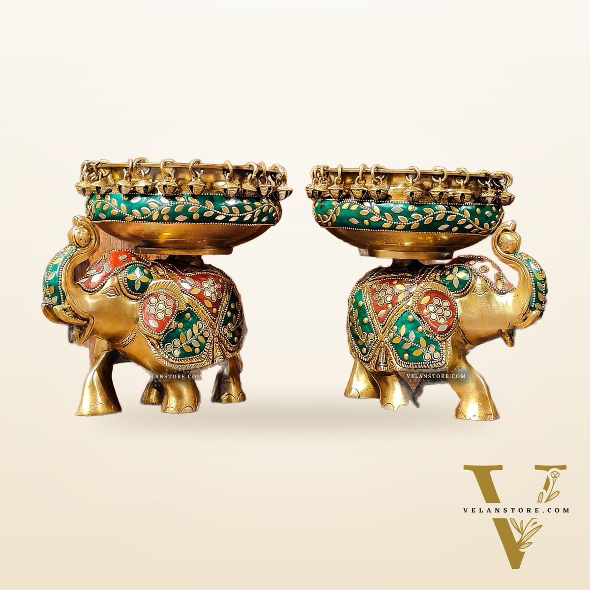 Engraved Elephant brass urli with ghungroo inlay stonework
