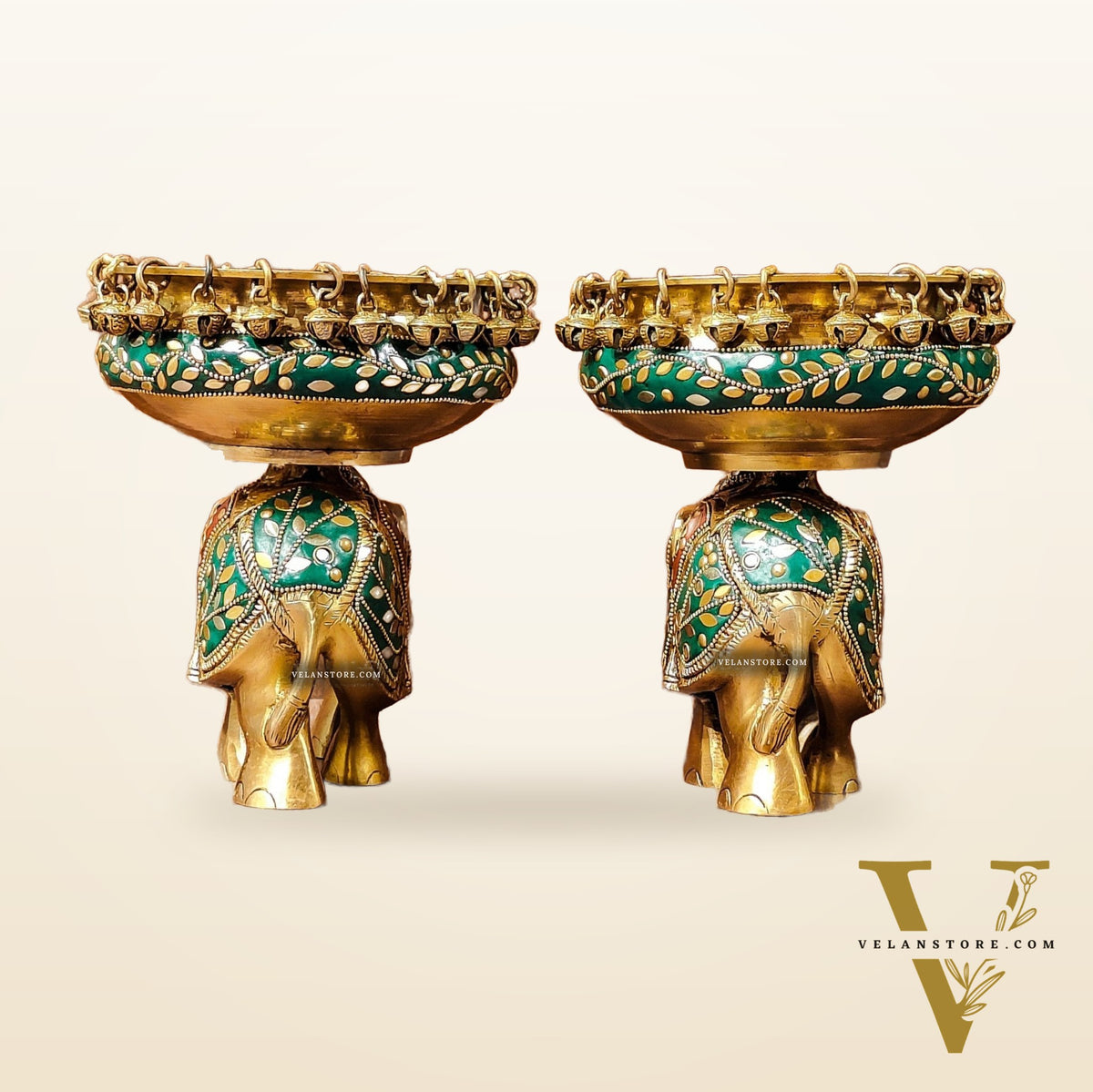 Engraved Elephant brass urli with ghungroo inlay stonework