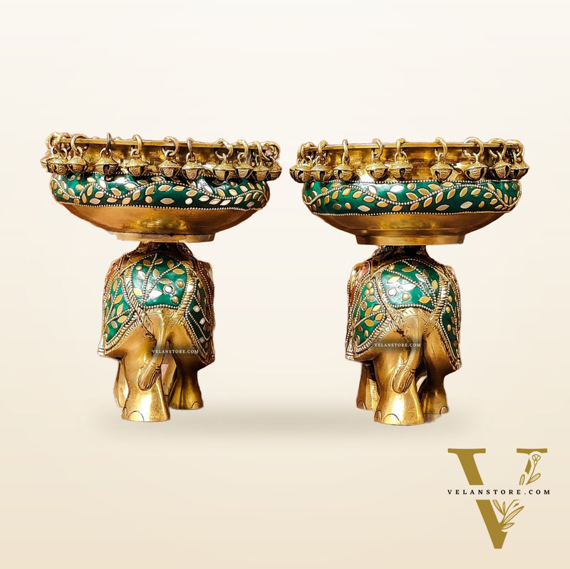 Engraved Elephant brass urli with ghungroo inlay stonework