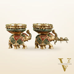 Engraved Elephant brass urli with ghungroo inlay stonework