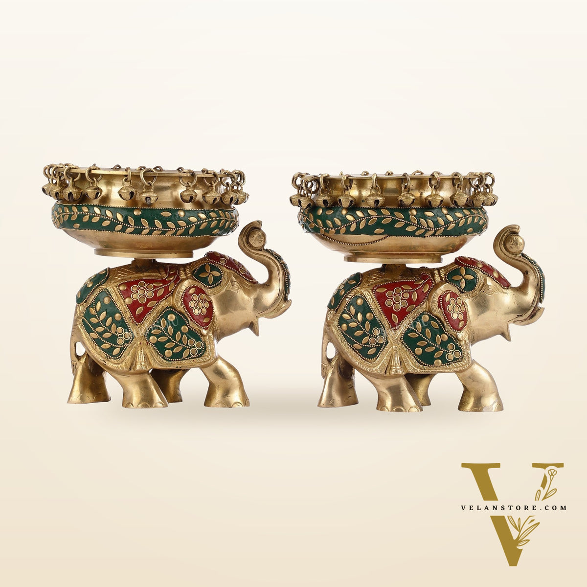 Engraved Elephant brass urli with ghungroo inlay stonework