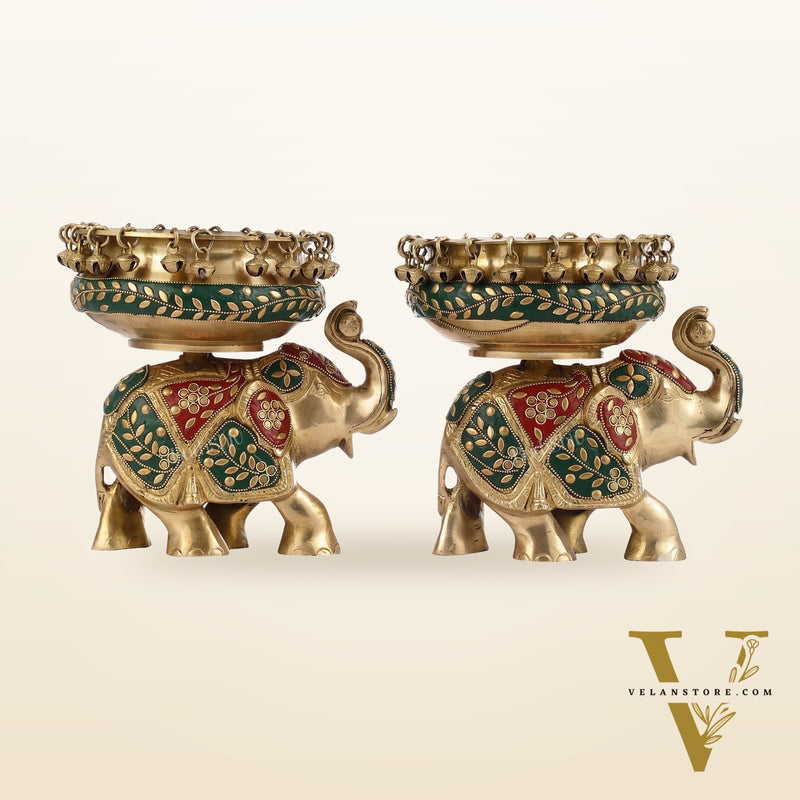 Engraved Elephant brass urli with ghungroo inlay stonework