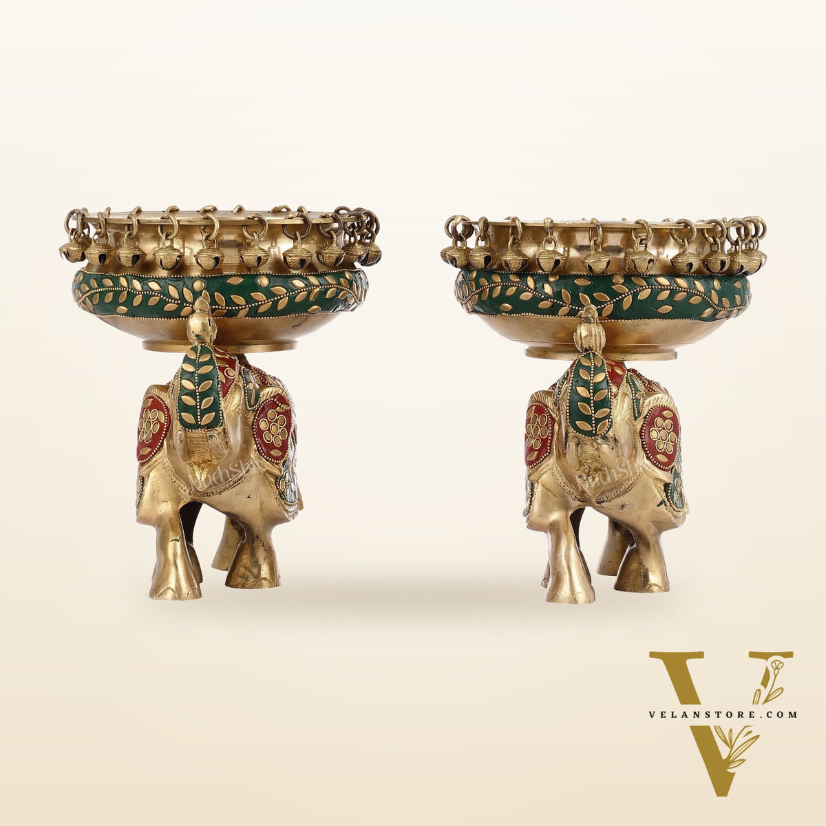 Engraved Elephant brass urli with ghungroo inlay stonework