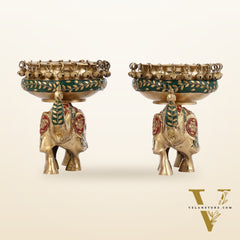 Engraved Elephant brass urli with ghungroo inlay stonework