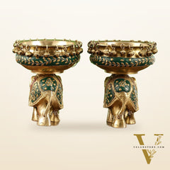 Engraved Elephant brass urli with ghungroo inlay stonework