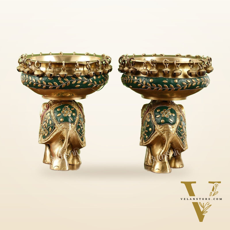 Engraved Elephant brass urli with ghungroo inlay stonework