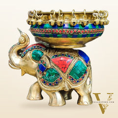 Engraved Elephant brass urli with ghungroo inlay stonework