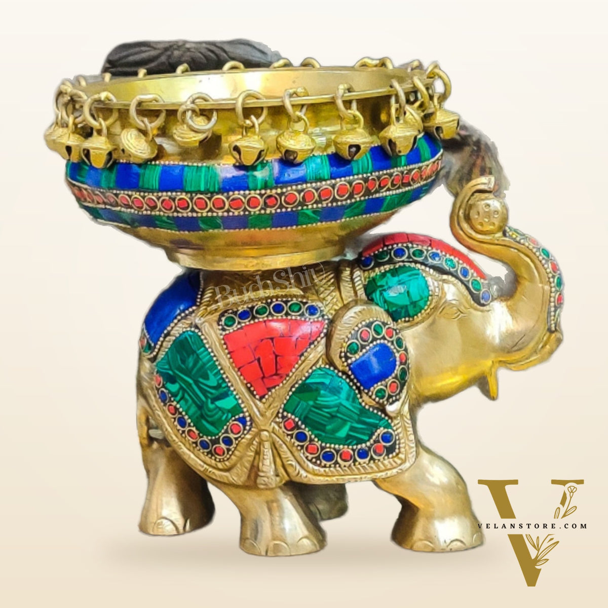 Engraved Elephant brass urli with ghungroo inlay stonework