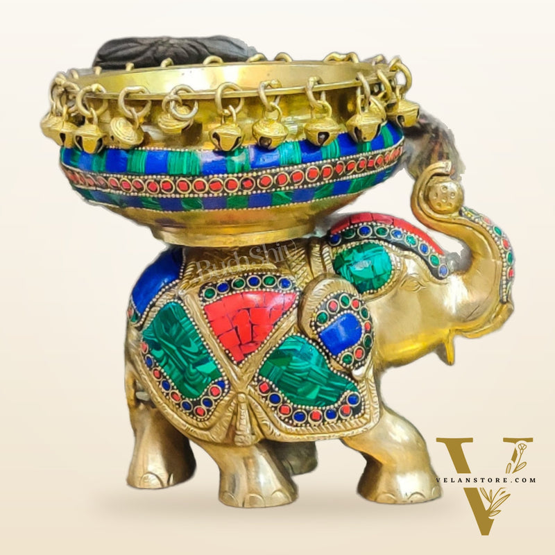 Engraved Elephant brass urli with ghungroo inlay stonework