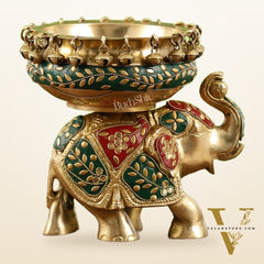 Engraved Elephant brass urli with ghungroo inlay stonework