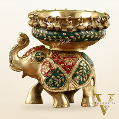 Engraved Elephant brass urli with ghungroo inlay stonework