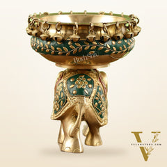 Engraved Elephant brass urli with ghungroo inlay stonework